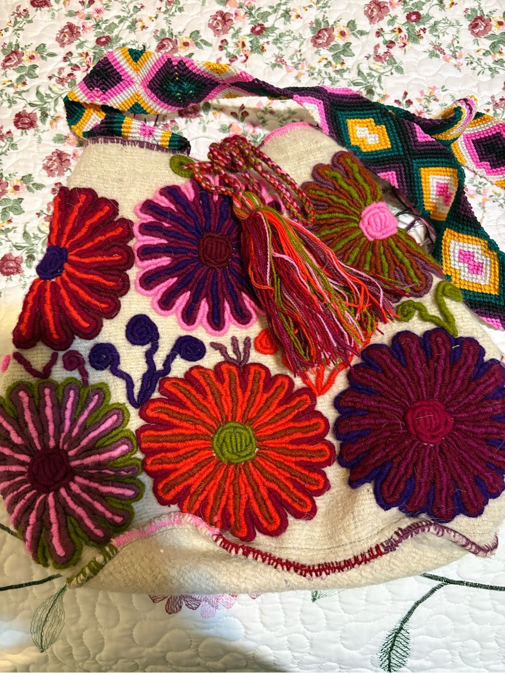Handcrafted Floral Embroidered Shoulder Bag - Pink & Multicolor